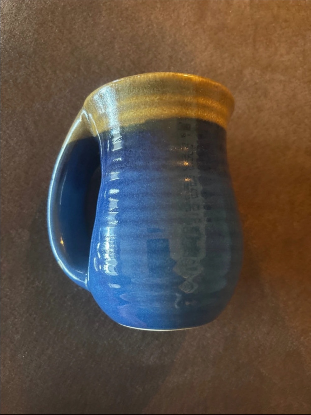 Handmade Blue Ceramic Mug with Tan Rim - Picture 2 of 3
